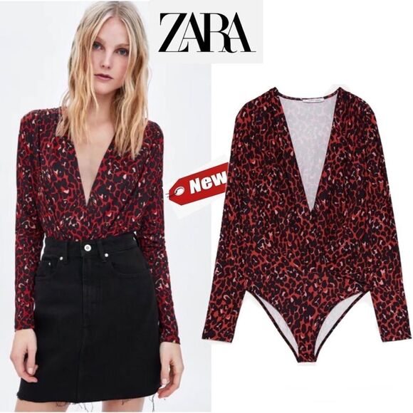 ZARA red black long sleeve leopard animal cheetah print deep V bodysuit Sz M NWT - Picture 1 of 14